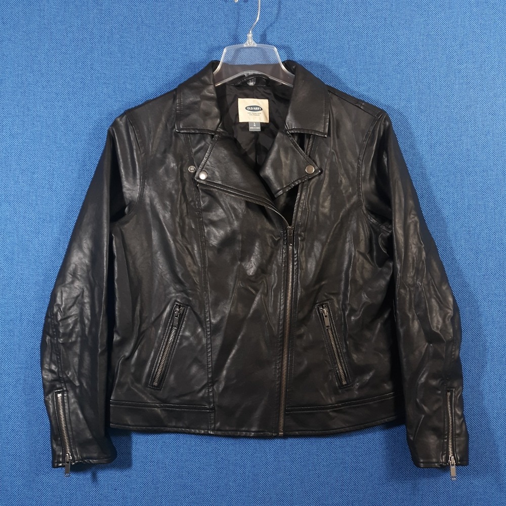 Old Navy Moto Jacket Womens Size Large Black Faux Leather Asymmetric Zip
